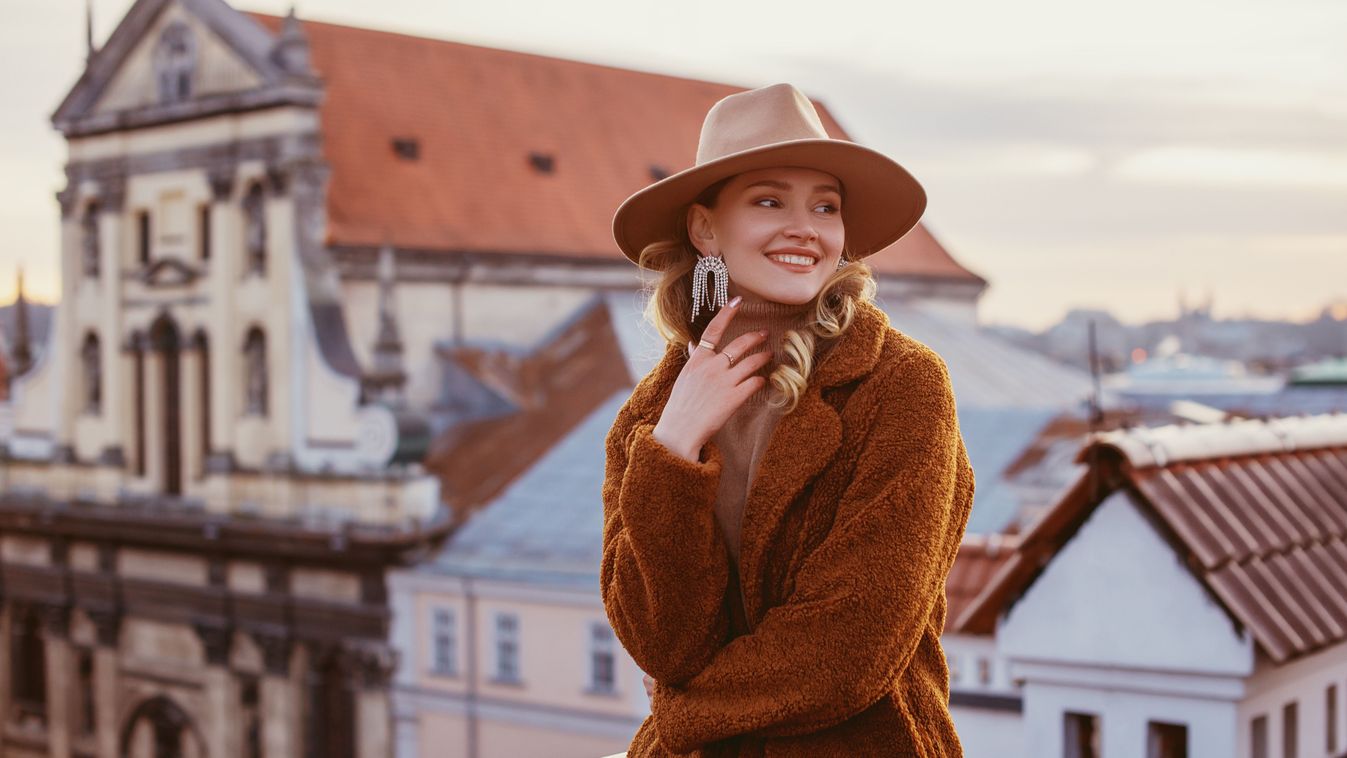 Fashionable,Happy,Smiling,Woman,Wearing,Trendy,Beige,Hat,,Rhinestones,Earrings,