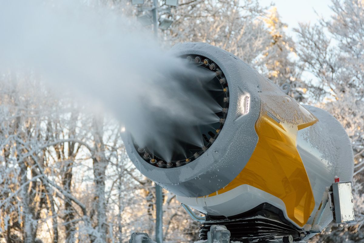 A,Closeup,Of,Yellow,Snow,Cannon,Or,Artificial,Snowmaking,Machine