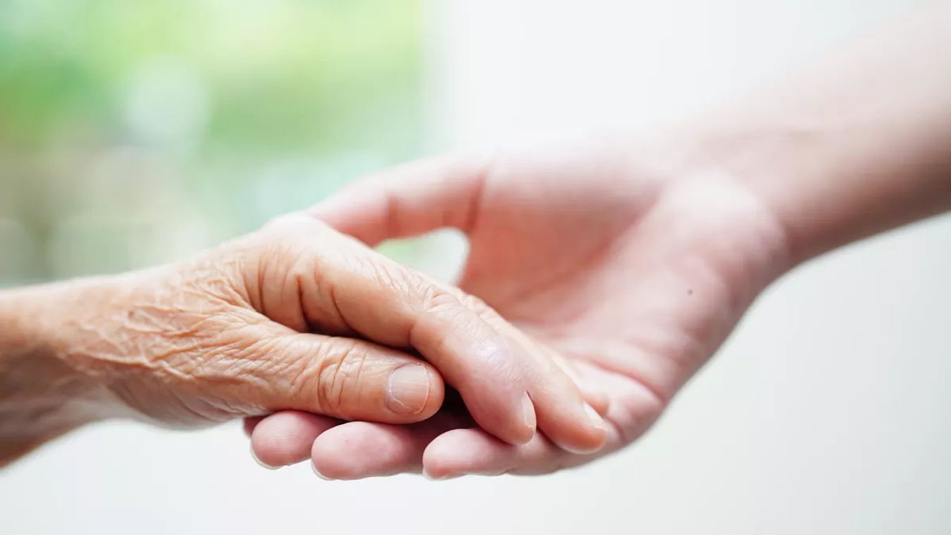 Asian,Young,Boy,Holding,Old,Grandmother,Woman,Hand,Together,With