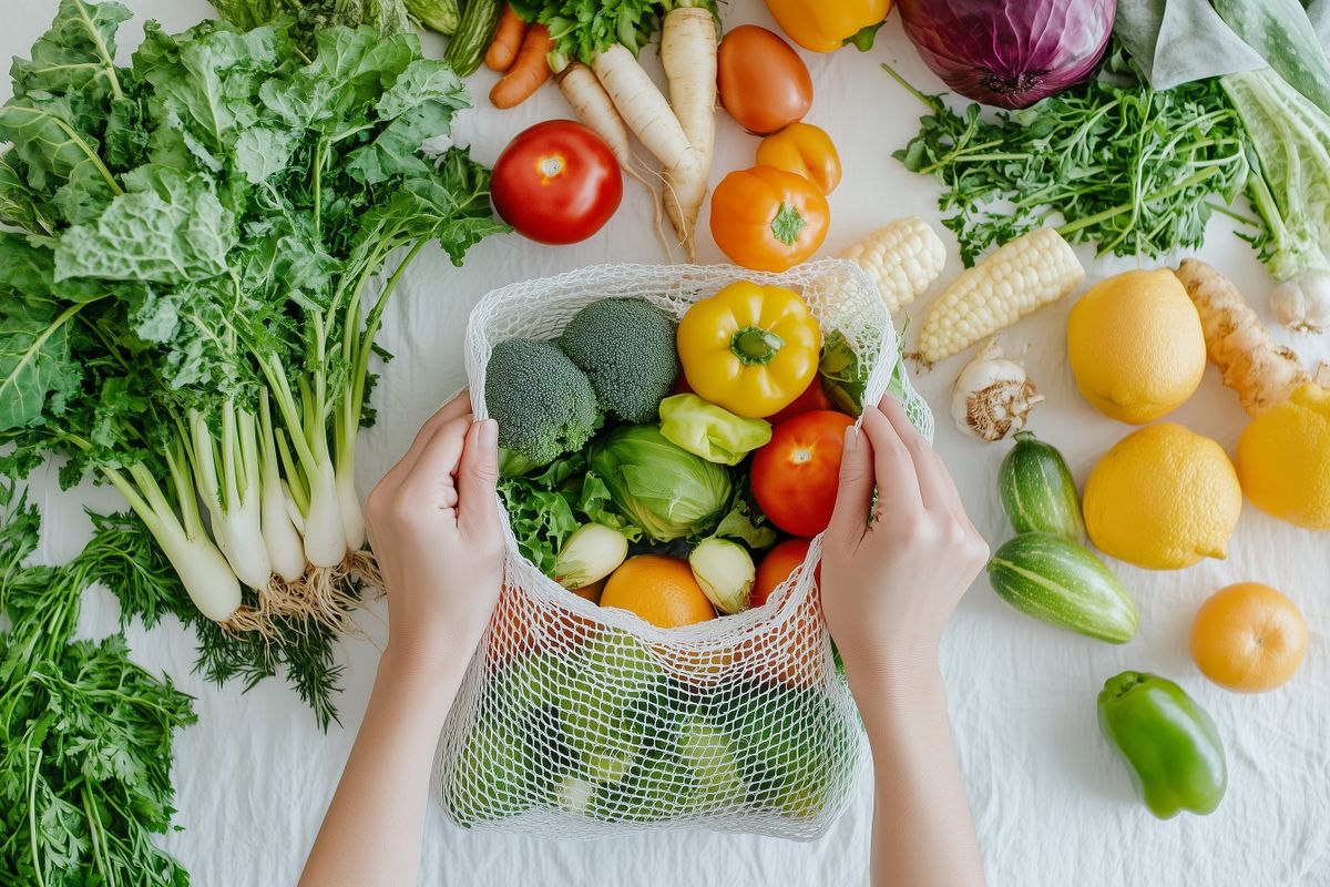 Close-up,Of,Hands,Placing,Fresh,Vegetables,And,Fruits,Into,An