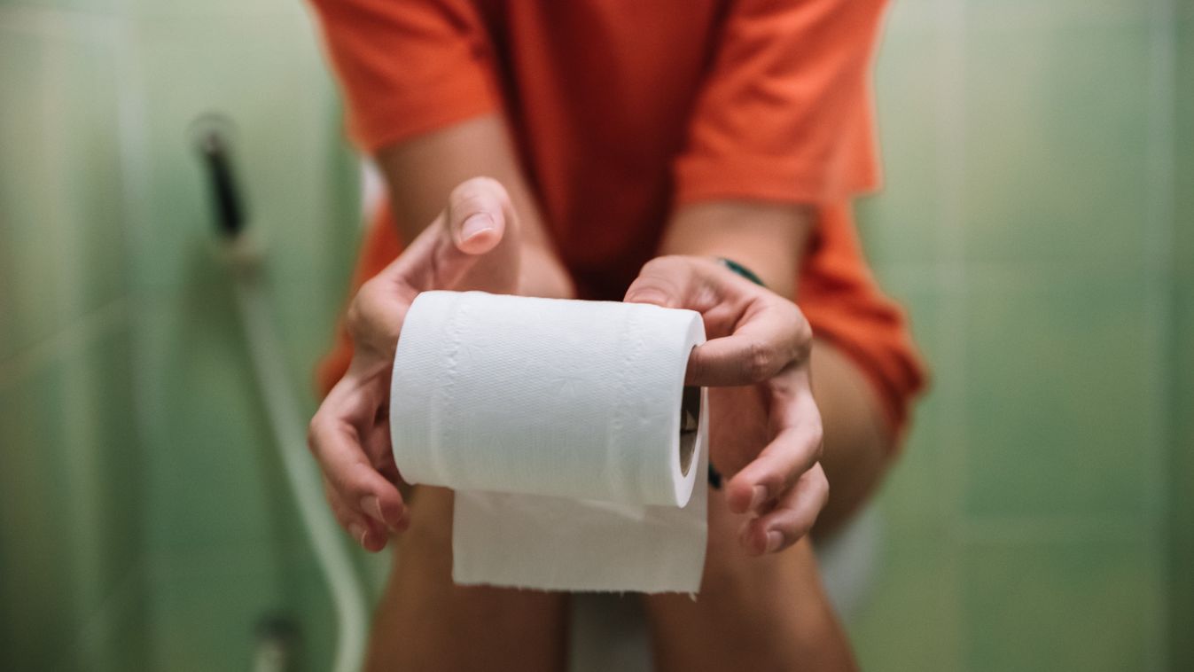 Woman sitting on toilet holding toilet paper roll