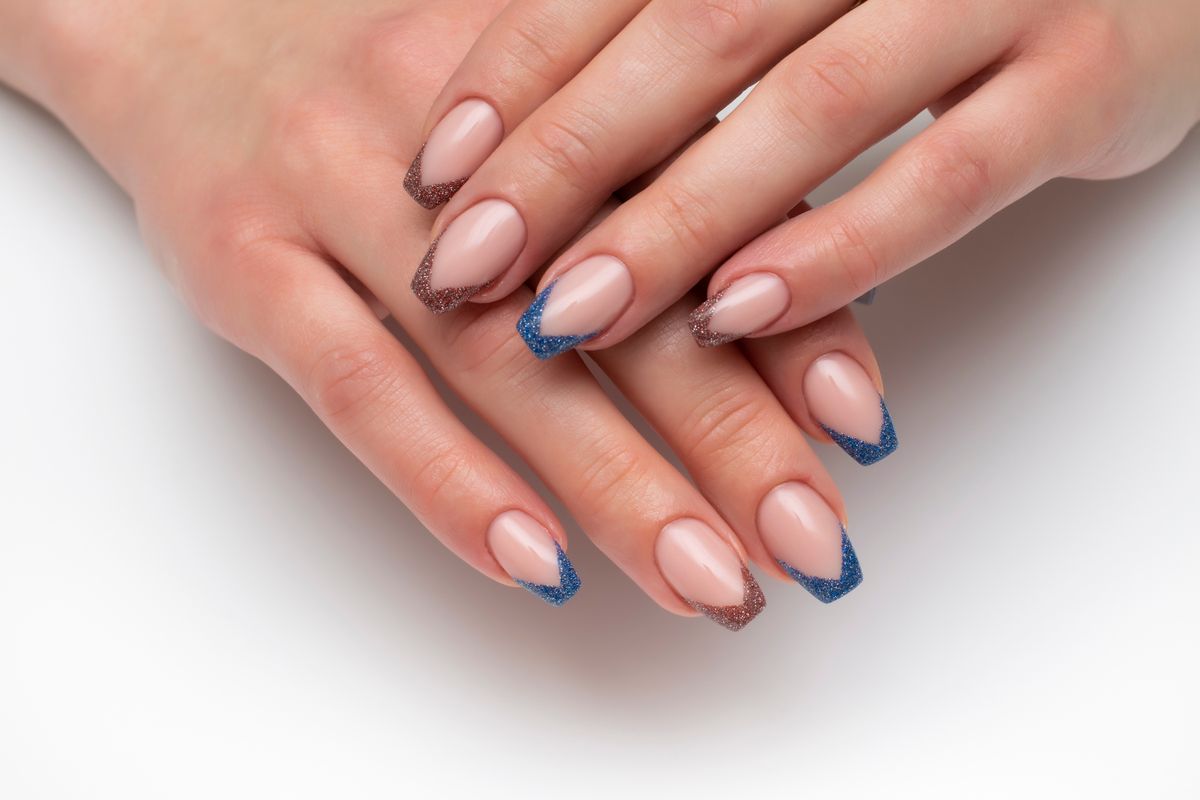 French,Beige,,Blue,Reflective,Manicure,On,Long,Nails.,Ballerina,Nail