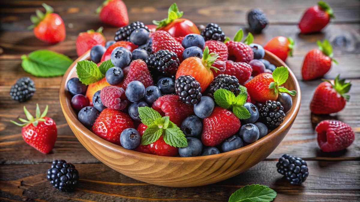 A,Wooden,Bowl,Filled,With,A,Variety,Of,Fresh,Berries,