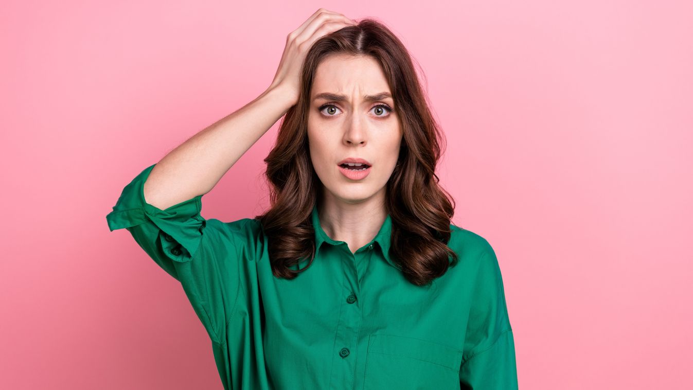 Photo,Of,Unhappy,Shocked,Woman,Dressed,Green,Shirt,Arm,Head