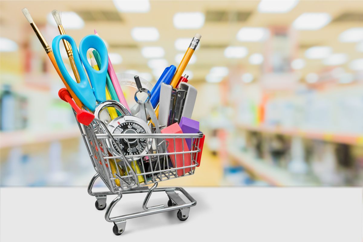 Back,To,School,Shopping,Cart,With,Supplies,On,White,Background