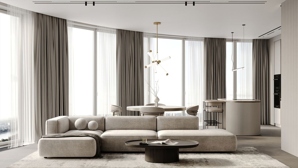 Interior,Of,Living,Room,With,Fashionable,Lighting,,Big,Windows,,Beige, lakástextilek