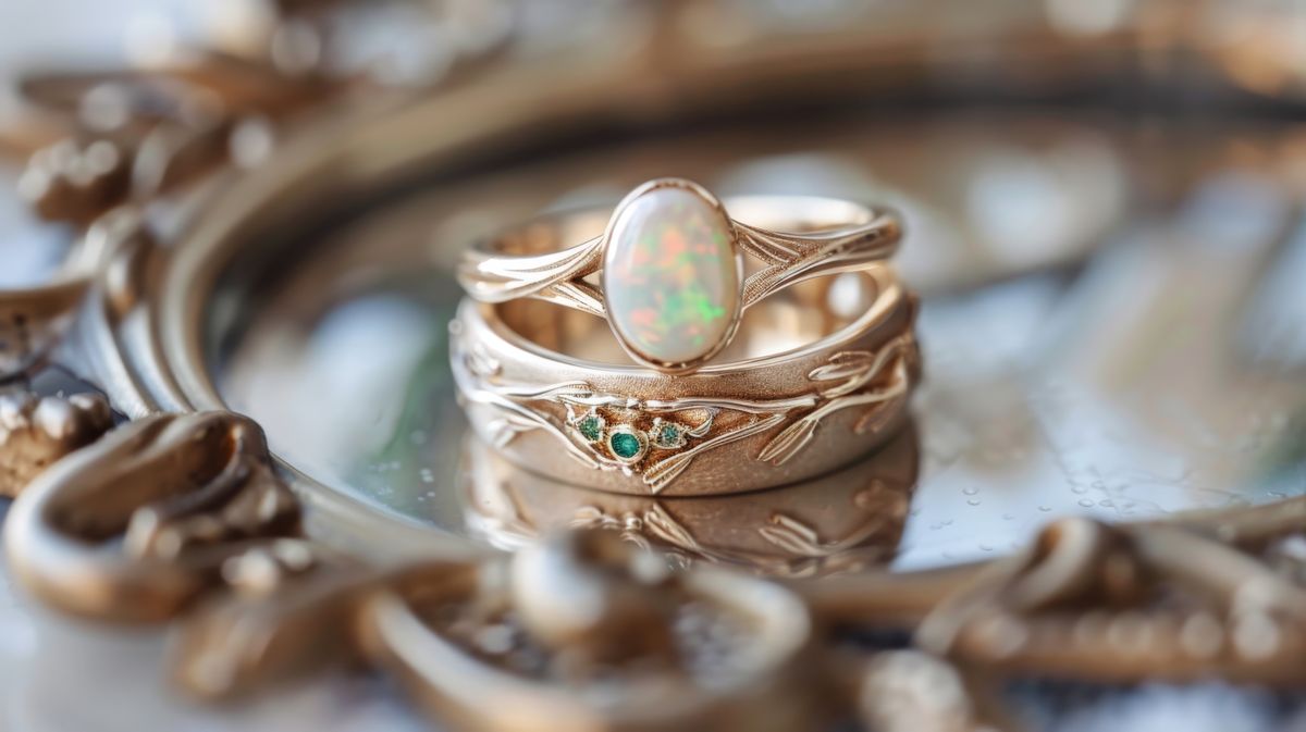 Opalescent,Engagement,Ring,On,Ornate,Gold,Tray,Suitable,For,Business