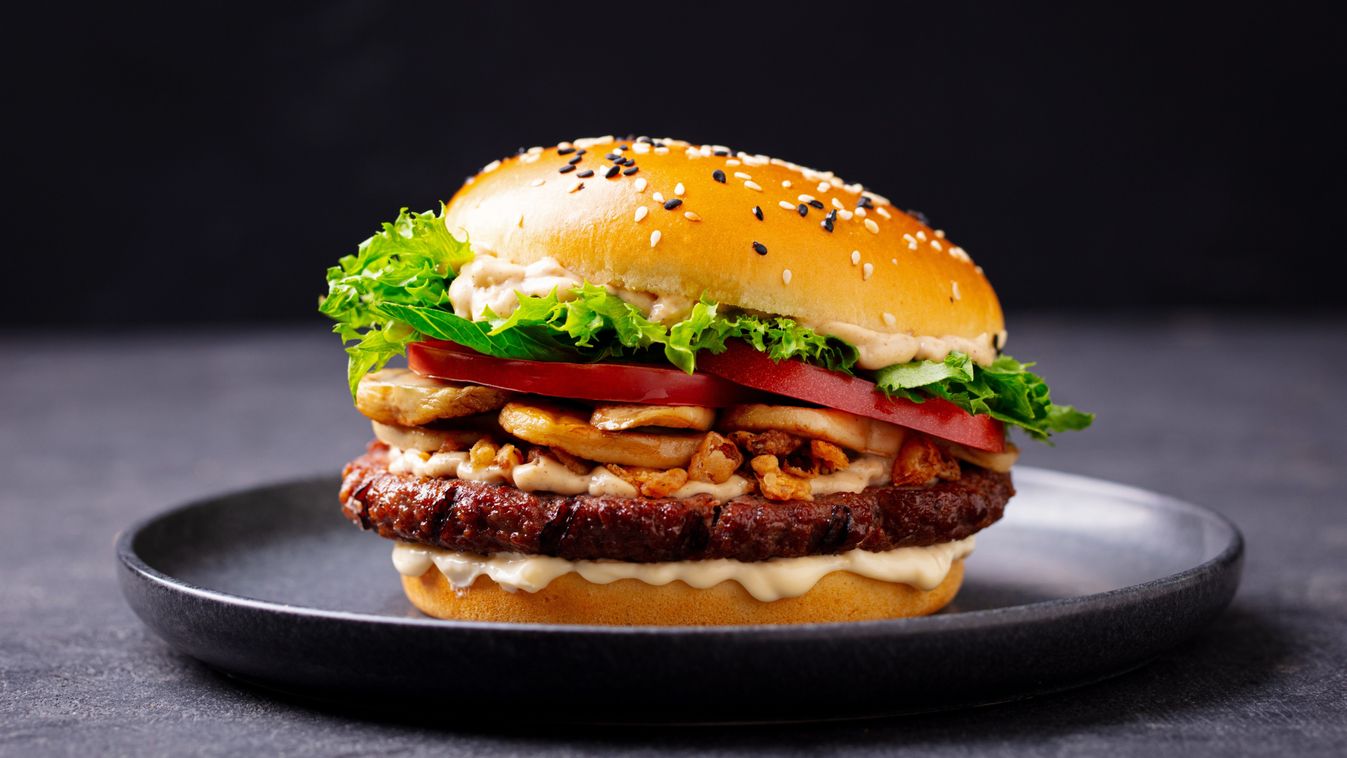 Burger,With,Beef,,Cheese,,Vegetables,On,Black,Plate.,Dark,Background.