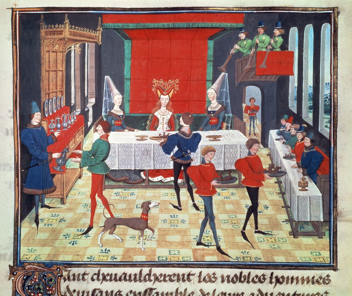 Ms 5073 f.140v Table Service of a Lady of Quality, from the Renaud de Montauban cycle (vellum)