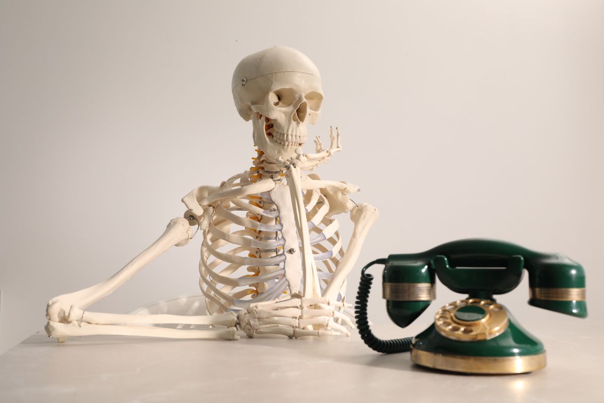 Waiting,Concept.,Human,Skeleton,At,Table,With,Corded,Telephone,Against, Darwin díj