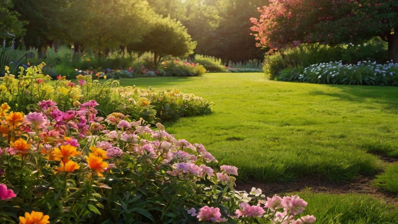 Beautiful,Spring,Garden.,The,Green,Lawn,Emphasizes,The,Blooming,Flowers