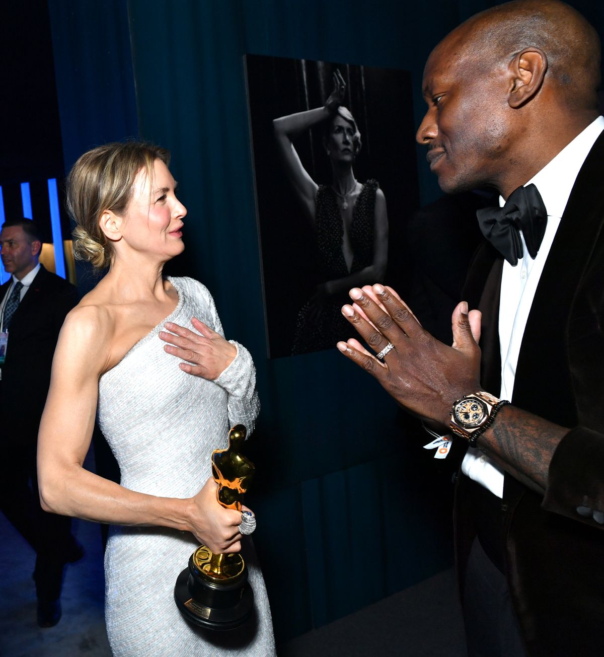 BEVERLY HILLS, CALIFORNIA - FEBRUARY 09: (L-R) Renée Zellweger and Tyrese Gibson attend the 2020 Vanity Fair Oscar Party hosted by Radhika Jones at Wallis Annenberg Center for the Performing Arts on February 09, 2020 in Beverly Hills, California. (Photo by Emma McIntyre /VF20/WireImage)