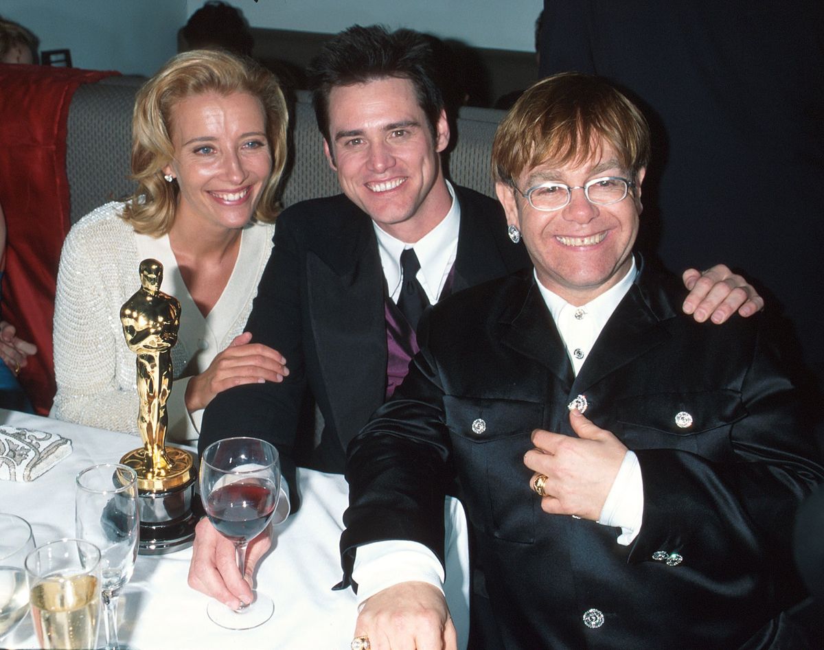 Jim Carrey, Emma Thompson and Elton John during The 68th Annual Academy Awards - Elton John AIDS Foundation Party in Los Angeles, California, United States. (Photo by KMazur/WireImage)