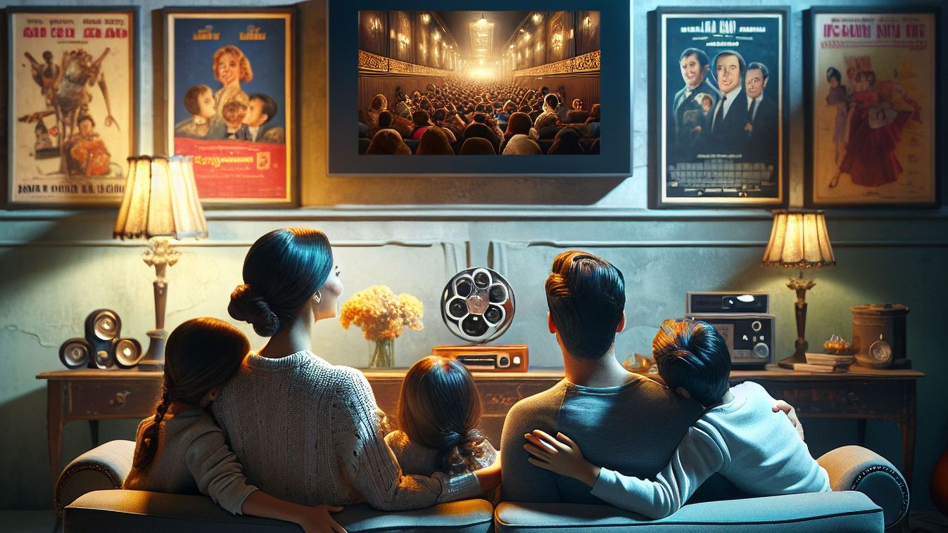 fine photography of shows a pair of Jordanian parents sitting on a couch with their children around them in the living room watching a movie on a TV, the screen is big on a vintage wall, showing them from the back,  the living room contains Media tools,