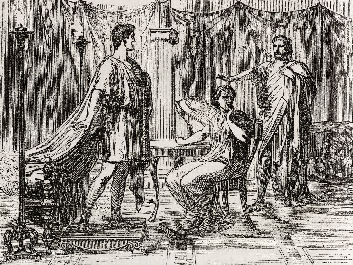 Woman seated with togaed men on either side of her, Ancient Rome, illustration from Il Giornale Illustrato, No 27, December 2-8, 1864.