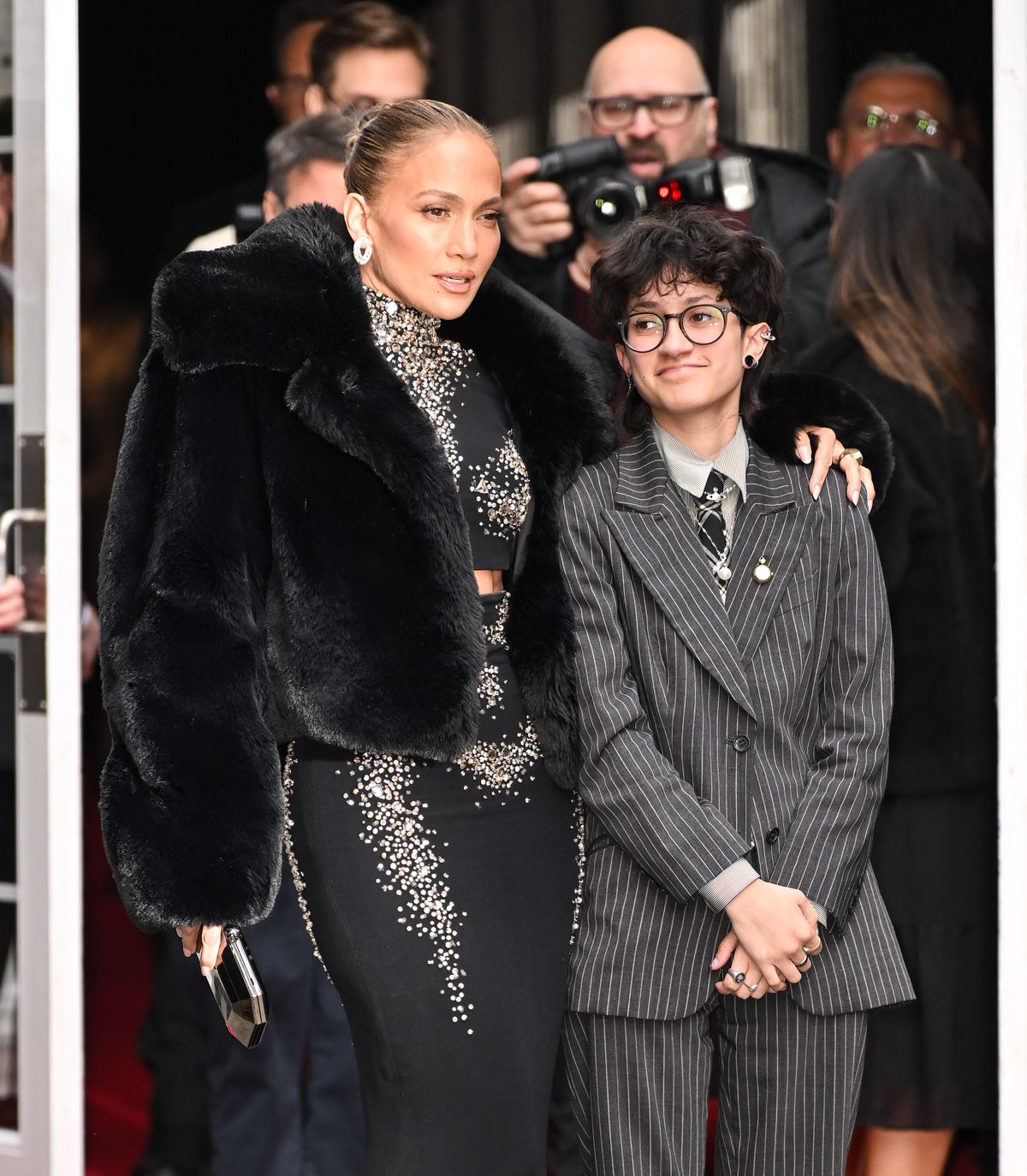 NEW YORK, NEW YORK - MARCH 23: Jennifer Lopez and Emme Muniz arrive to the opening of "Othello" on Broadway at the Ethel Barrymore Theatre on March 23, 2025 in New York City. (Photo by James Devaney/GC Images)