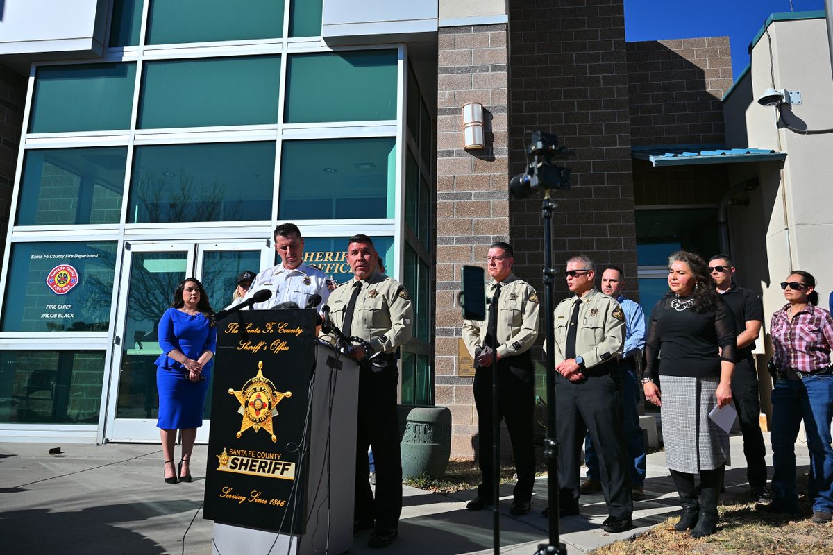 SANTA FE, NEW MEXICO - FEBRUARY 28: Santa Fe County Sheriff Adan Mendoza (C) speaks during a press conference at the Santa Fe County Sheriff's Office to provide an update on the investigation into the deaths of actor Gene Hackman and his wife Betsy Arakawa on February 28, 2025 in Santa Fe, New Mexico. Hackman and Arakawa were found dead in their home in Santa Fe, New Mexico on February 26, 2025. (Photo by Sam Wasson/Getty Images)