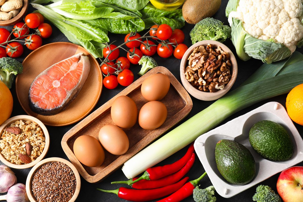 Many different healthy food on table, flat lay, egészséges étkezés