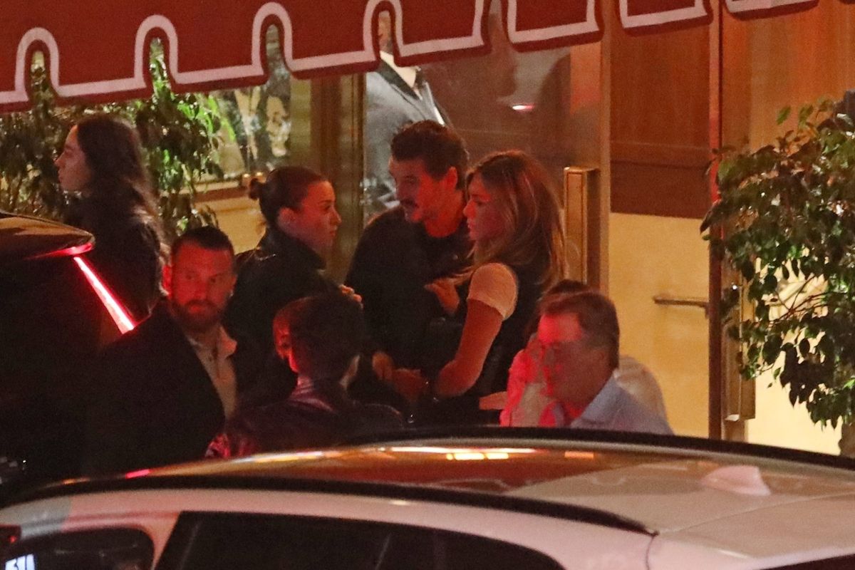 West Hollywood, CA  - *EXCLUSIVE*  - **WEB MUST CALL FOR PRICING** Jennifer Aniston, 56, and Pedro Pascal, 49, are seen leaving the Sunset Tower Hotel after having a three hour dinner in West Hollywood. Jennifer is wearing dark blue jeans, a black vest and a white t-shirt underneath. Pedro is wearing blue jeans, a black shirt and a brown leather jacket. Both Jennifer and Pedro arrived separately a little after 8 PM and left separately at 11:30 PM. They were seen talking to each other for about a good 5 minutes outside the valet area before parting ways.
