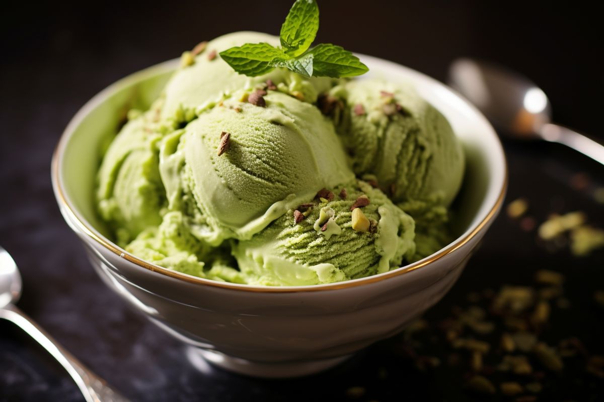 Pistachio green ice cream with nuts