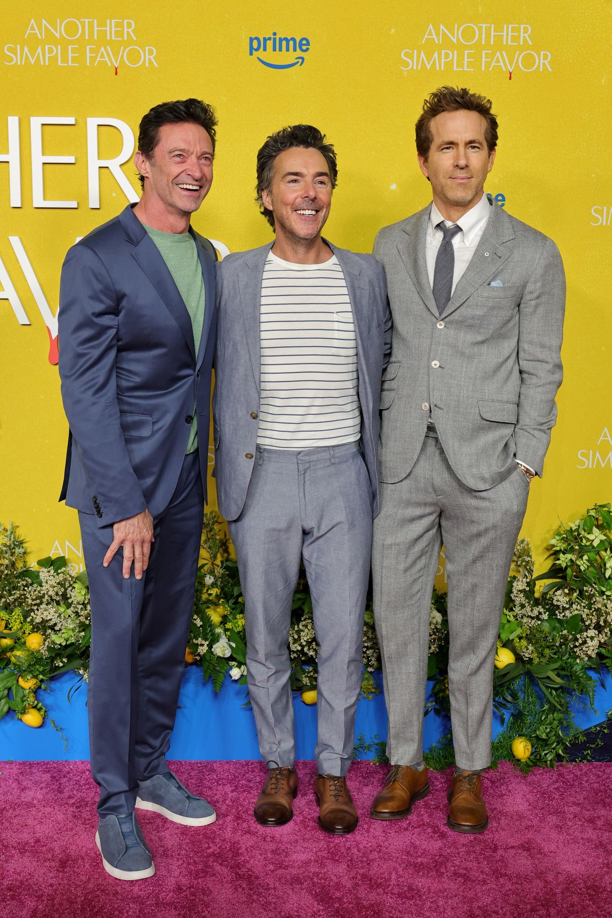 NEW YORK, NEW YORK - APRIL 27: (L-R) Hugh Jackman, Shawn Levy and Ryan Reynolds attend "Another Simple Favor" New York Screening at Jazz at Lincoln Center on April 27, 2025 in New York City. (Photo by Dia Dipasupil/WireImage)