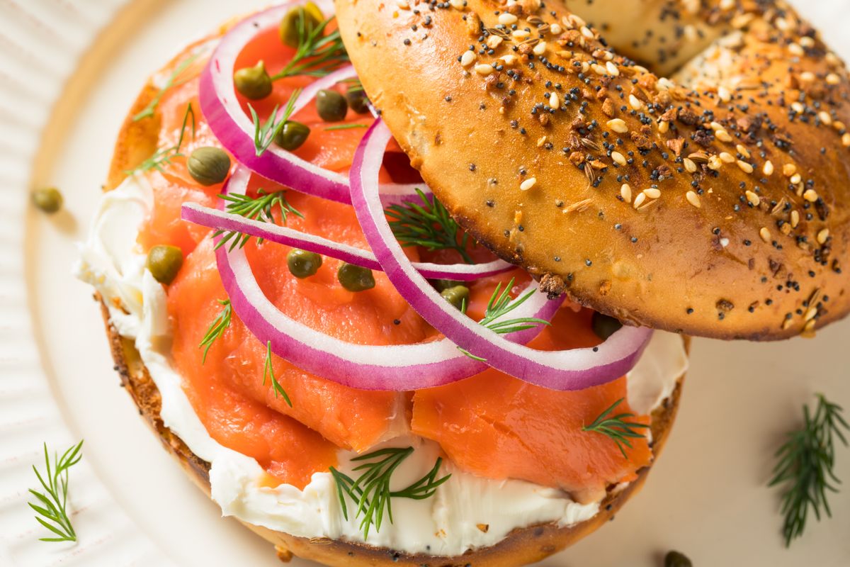Homemade Bagel and Salmon Lox with Cream Cheese and Dill