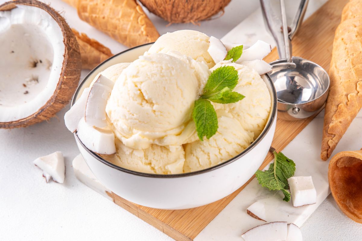 Vegan creamy coconut sorbet ice cream. Bowl with classic white coconut flavor non-dairy vegetarian gelato made with coconut milk, creamy frozen summer dessert
