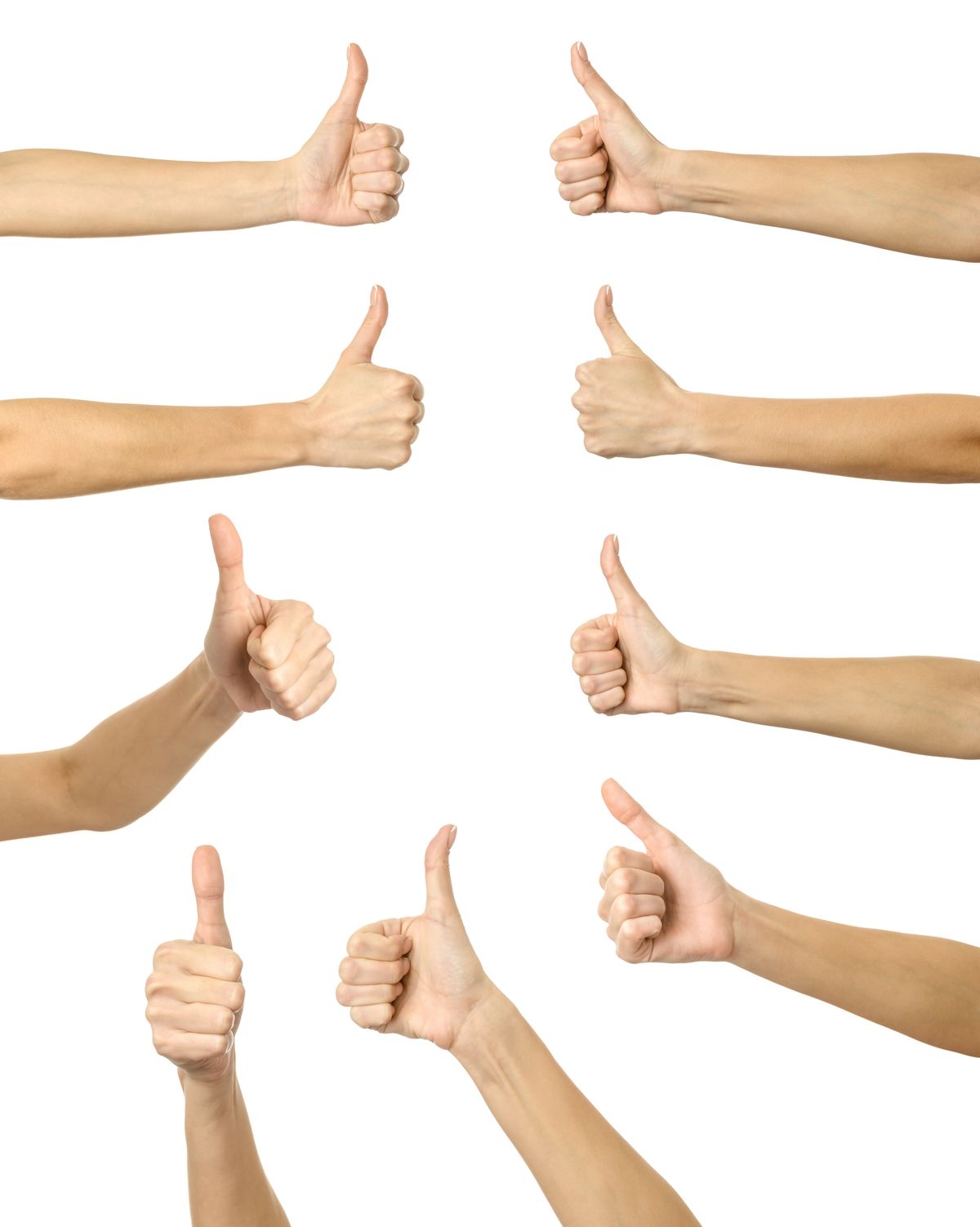 Thumbs Up. Multiple images set of female caucasian hand with french manicure showing Thumbs Up gesture isolated over white background