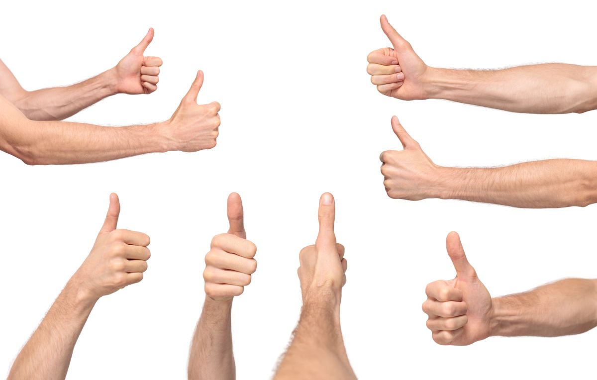 Male hands showing thumbs up, LIKE, meaning approval from different sides, isolated on transparent background, png file