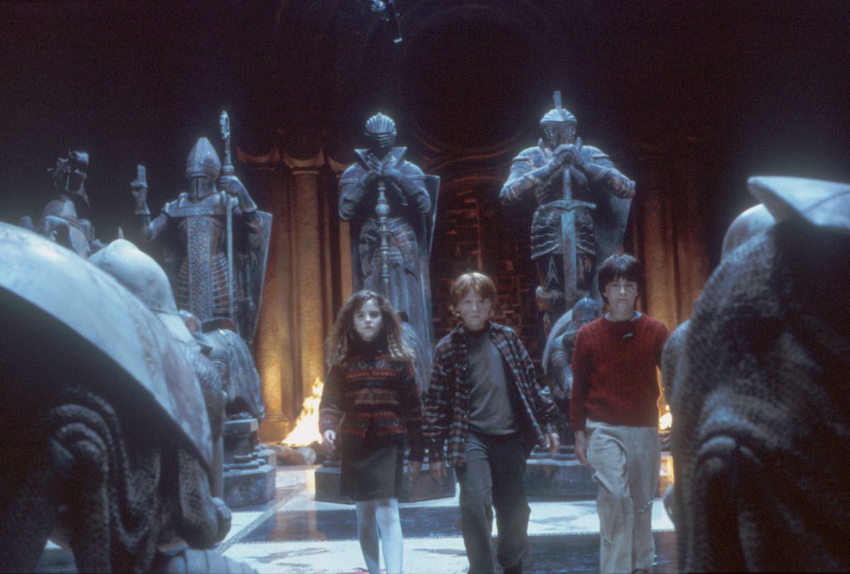 Nov 29, 2001; Hollywood, California, USA; Actor RUPERT GRINT as Ron Weasley, DANIEL RADCLIFFE (R) as Harry Potter & EMMA WATSON (L) as Hermione Grainger from the new adventure movie 'Harry Potter and the Sorcerer's Stone' directed by Chris Columbus. Mandatory Credit: Photo by P.Mountain/Warner Bros./ZUMA Press. (©) Copyright 2001 by Courtesy of Warner Bros.