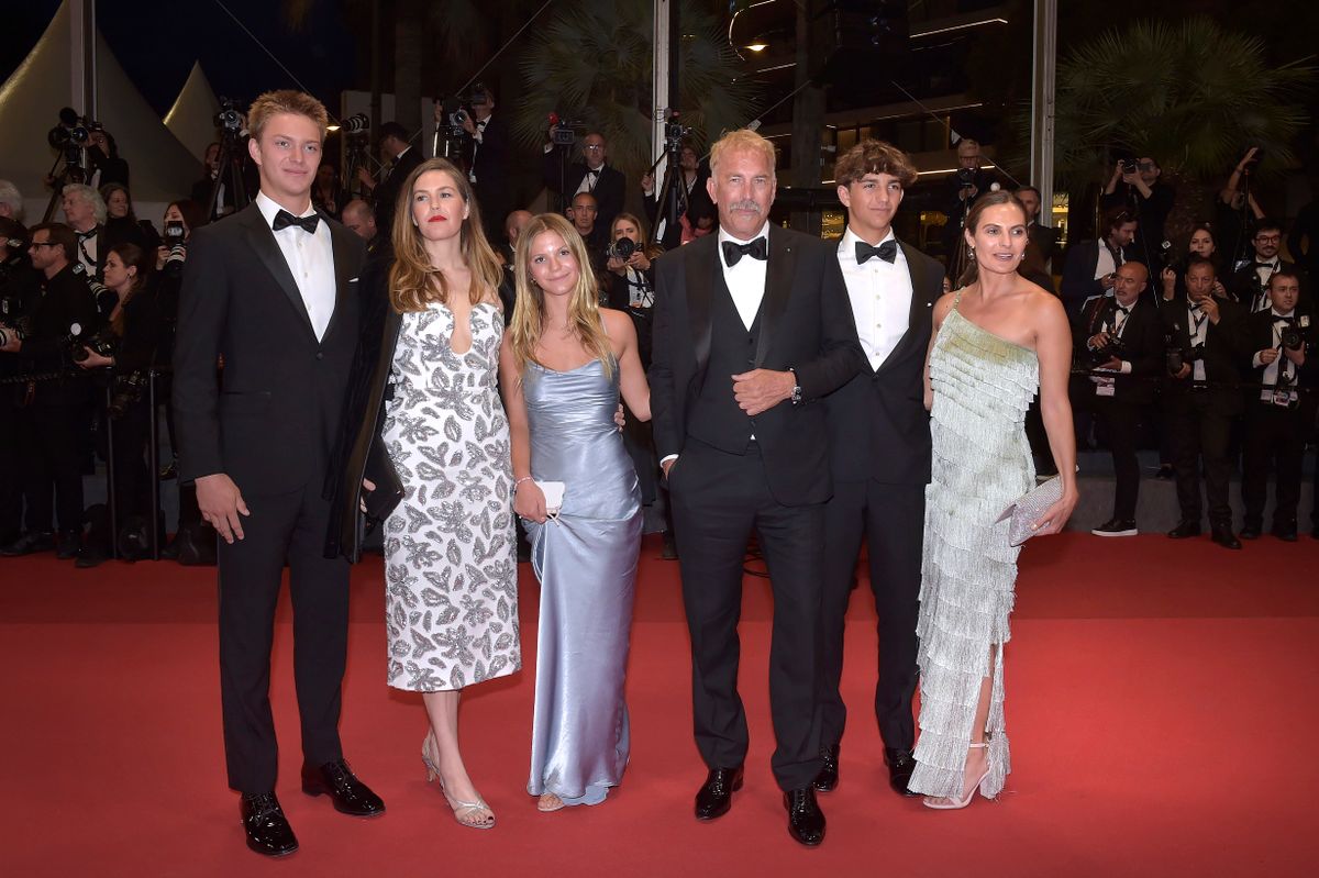 American actor Kevin Costner with his daughters and sons: Cayden Wyatt Costner, Lily Costner, Hayes Costner, Grace Avery Costner, Annie Costner at Cannes Film Festival 2024. Horizon: An American Saga Red Carpet. Cannes (France), May 19th, 2024 (Photo by Rocco Spaziani/Archivio Spaziani/Mondadori Portfolio via Getty Images)