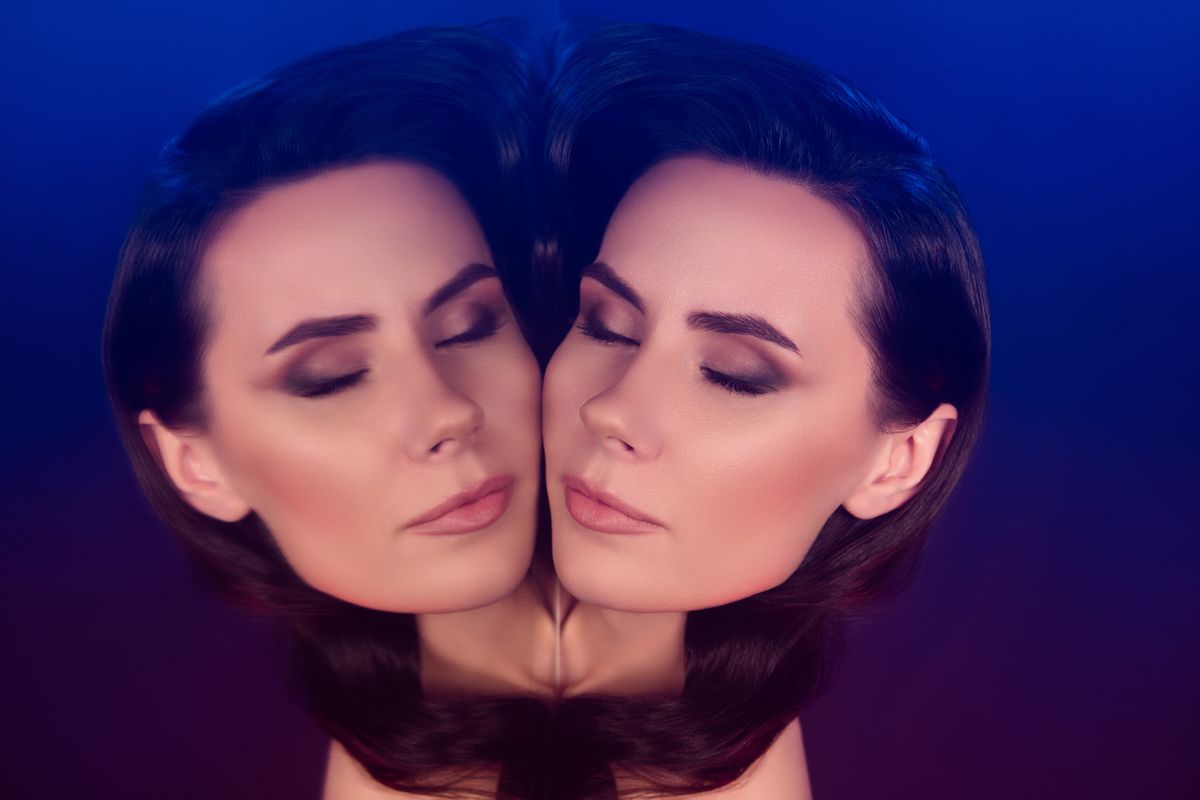 Photo of adorable dreamy lady head closed eyes mirror reflection isolated blue color background