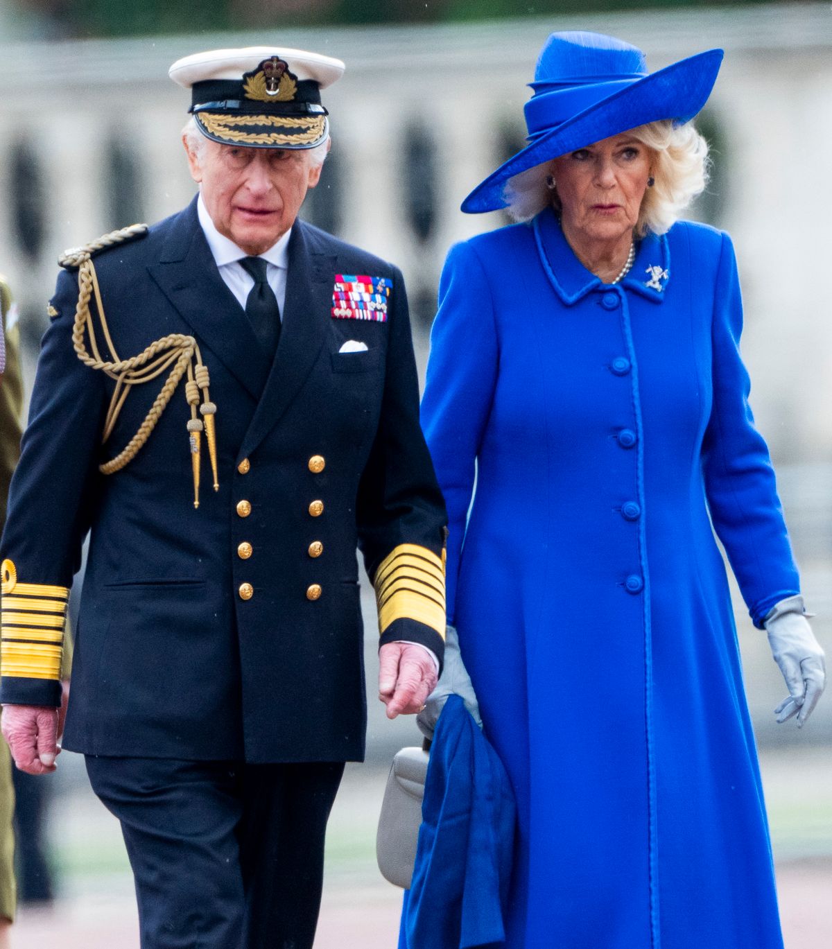 LONDON, ENGLAND - MAY 5: King Charles III and Queen Camilla during the military procession to mark the 80th anniversary of VE Day on May 5, 2025 in London, England. The King and Queen, joined by Members of the Royal Family, will take part in events from May 5th to May 8th to commemorate the 80th anniversary of VE Day, which signalled the end of the Second World War in Europe. (Photo by Mark Cuthbert/UK Press via Getty Images)
