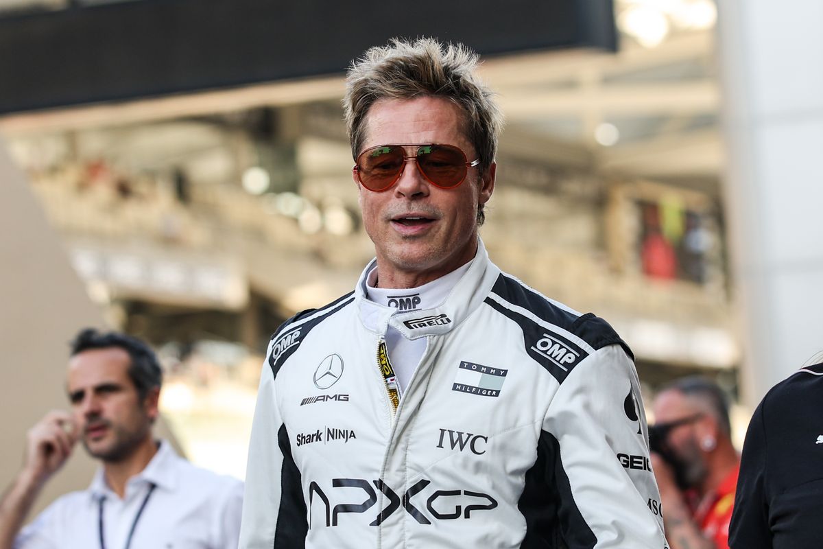 Brad Pitt, an actor, plays Sonny Hayes, a driver for the fictional APX GP team in the Apex F1 movie by Apple Studios and Bruckheimer Films. This portrait is taken during the F1 Grand Prix of Abu Dhabi at Yas Marina Circuit in Abu Dhabi, United Arab Emirates, from December 5 to 8, 2024. (Photo by Gongora/NurPhoto via Getty Images)