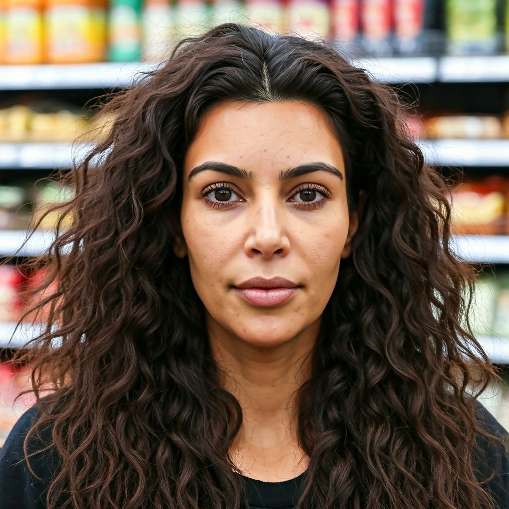Kim Kardashian natural face without plastic surgery, without makeup and curvy hair. Small narrow natural lips Civilian, blackheads on her front, brushy wild eyebrow tired eyes natural middle aged mother look. She stands before a supermarket. realistic
