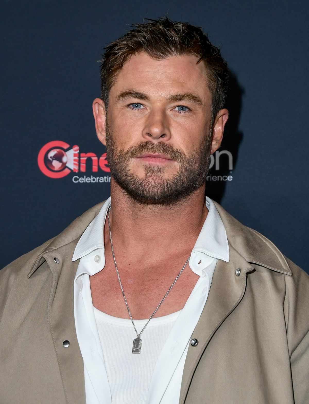 LAS VEGAS, NEVADA - APRIL 02: Chris Hemsworth promotes the upcoming film "Crime 101" at the Amazon MGM Studios presentation during CinemaCon, the official convention Cinema United at The Colosseum at Caesars Palace on April 02, 2025 in Las Vegas, Nevada. (Photo by Mindy Small/WireImage)