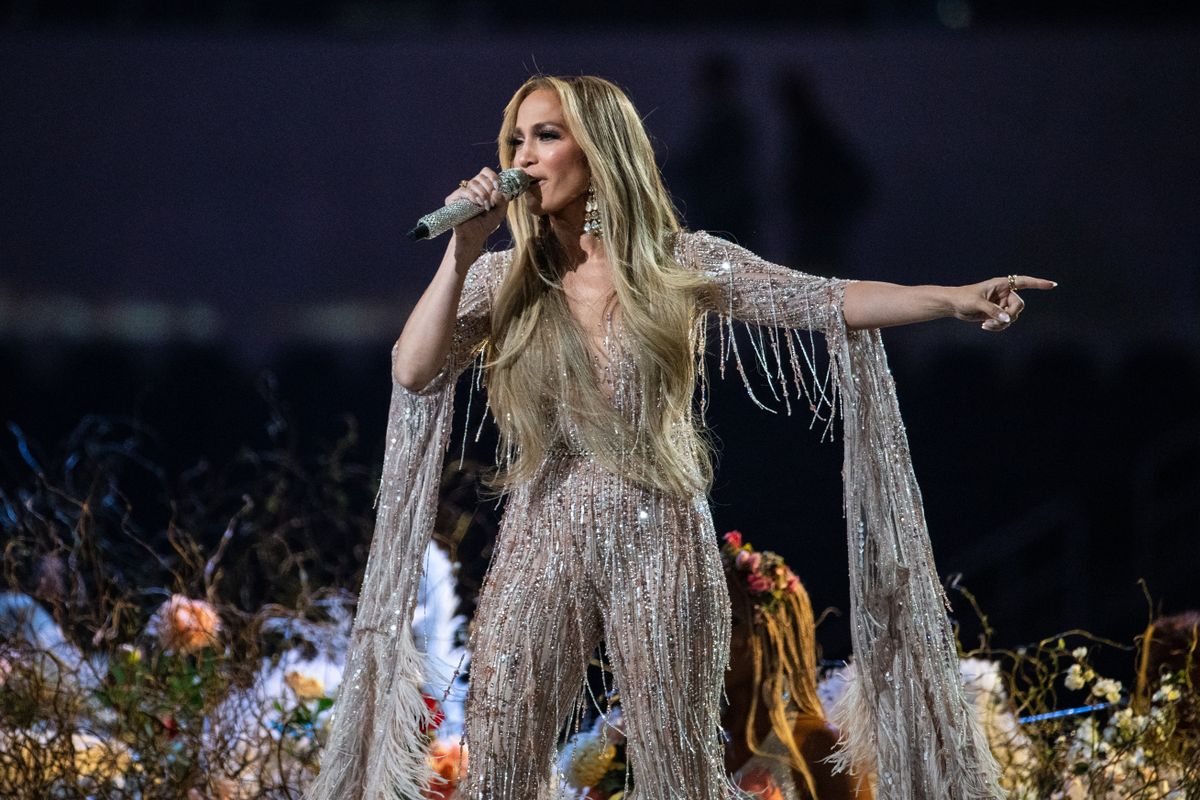 INGLEWOOD, CA - MAY 02:   Jennifer Lopez performs at the Vax Live concert at SoFi Stadium on Sunday, May 2, 2021 in Inglewood, CA. (Jason Armond / Los Angeles Times via Getty Images)