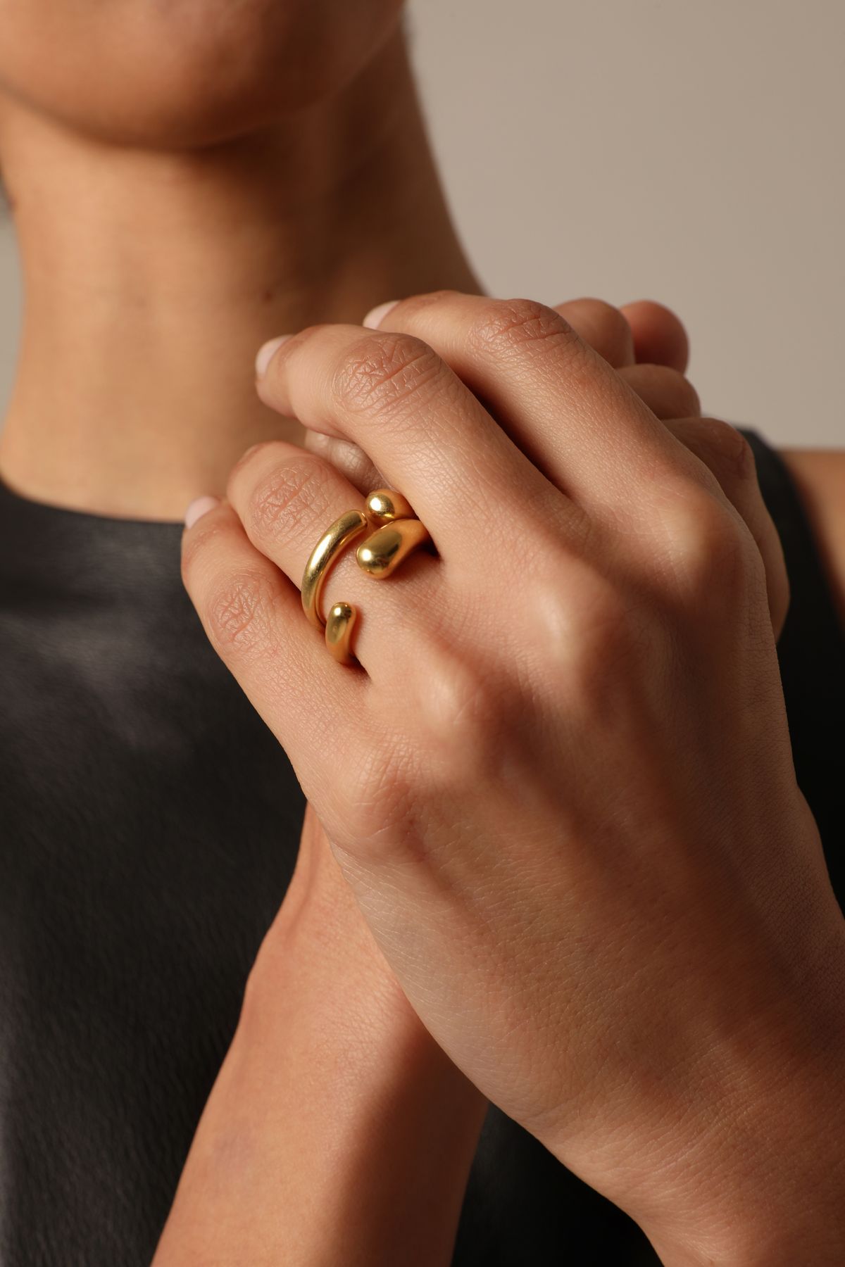 Close-up of female hands showing her golden rings. Horizontal mock-up.