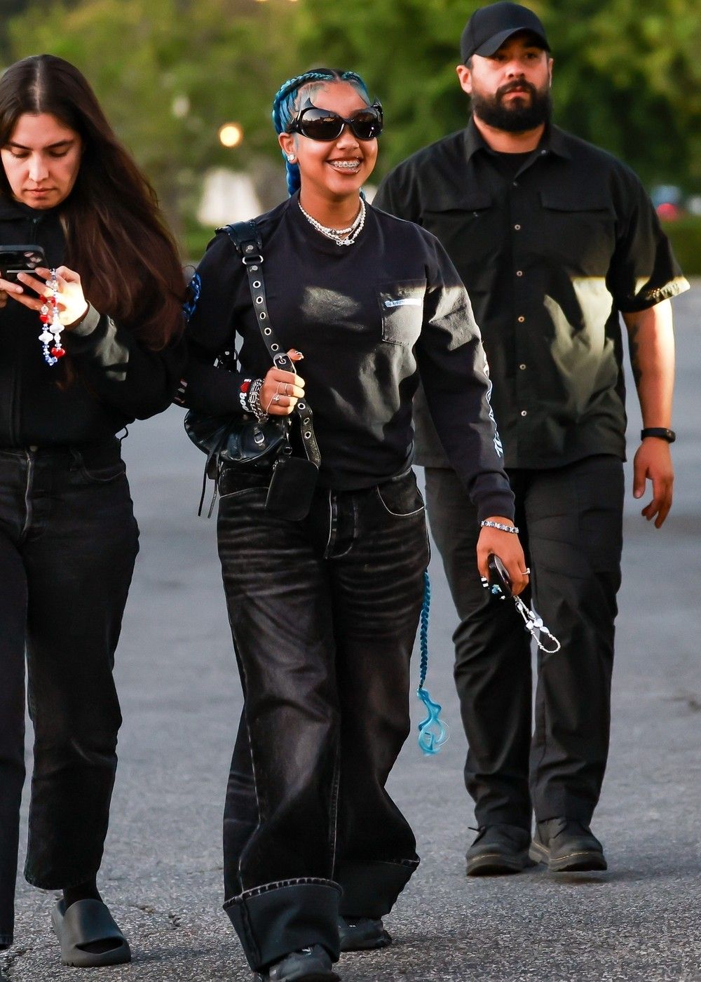Calabasas, CA  - *EXCLUSIVE*  - North West was all smiles as she met up with a guy friend for a fun, chaperoned movie outing in Calabasas while Kim Kardashian is in Paris for her Paris robbery trial. The 11-year-old fashionista stepped out in style, rocking an all-black streetwear look with oversized jeans and a long-sleeved top, adding a playful pop of color with her bright blue braids.

BACKGRID USA 14 MAY 2025,Image: 999624949, License: Rights-managed, Restrictions: , Model Release: no, Pictured: North West