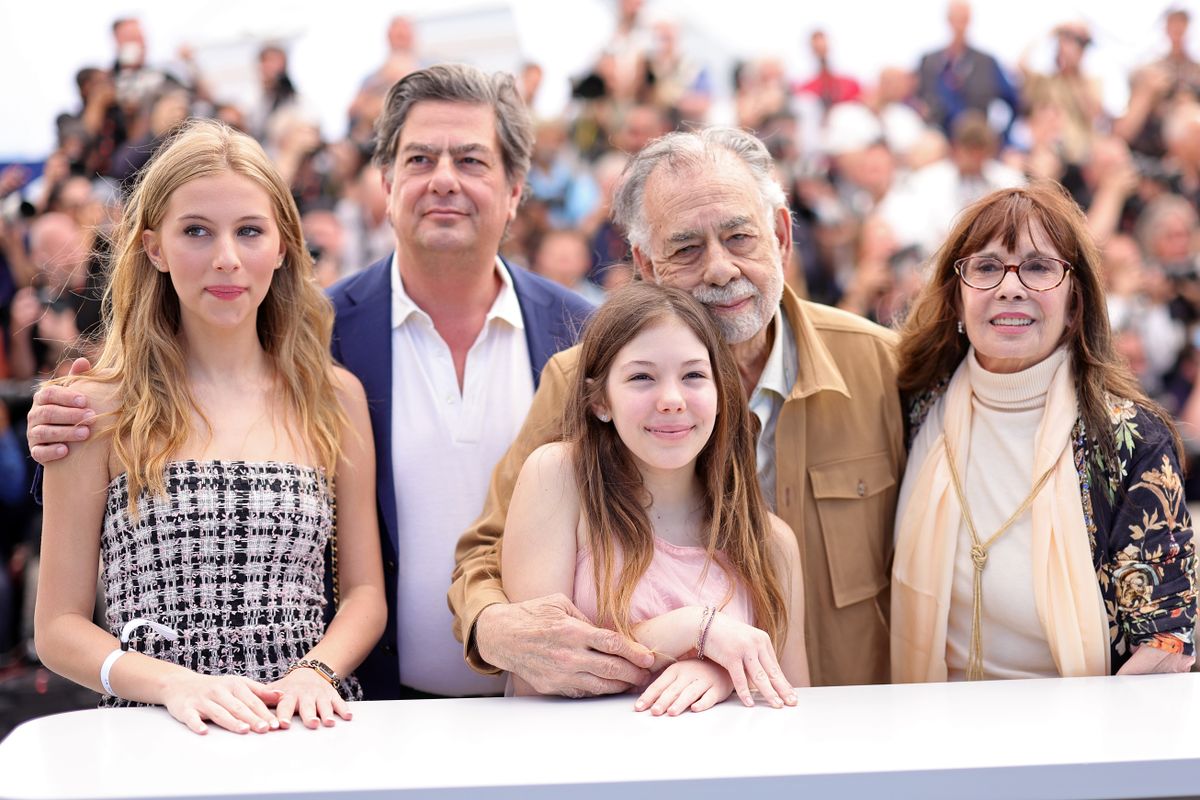 CANNES, FRANCE - MAY 17: (L-R) Romy Croquet, Roman Coppola, Pascale Coppola, Director Francis Ford Coppola and Talia Shire attend the "Megalopolis" Photocall at the 77th annual Cannes Film Festival at Palais des Festivals on May 17, 2024 in Cannes, France. (Photo by Andreas Rentz/Getty Images)