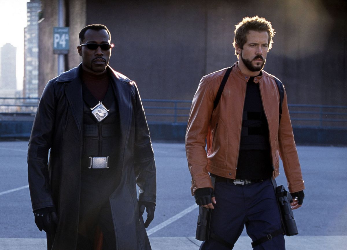 JESSICA BIEL, RYAN REYNOLDS and WESLEY SNIPES in BLADE TRINITY, 2004 (BLADE: TRINITY), directed by DAVID S. GOYER. Copyright NEW LINE CINEMA / PERA, DIYAH.,Image: 137103824, License: Rights-managed, Restrictions: Editorial use only. No merchandising or book covers. This is a publicly distributed handout. Access rights only, no license of copyright provided., Model Release: no