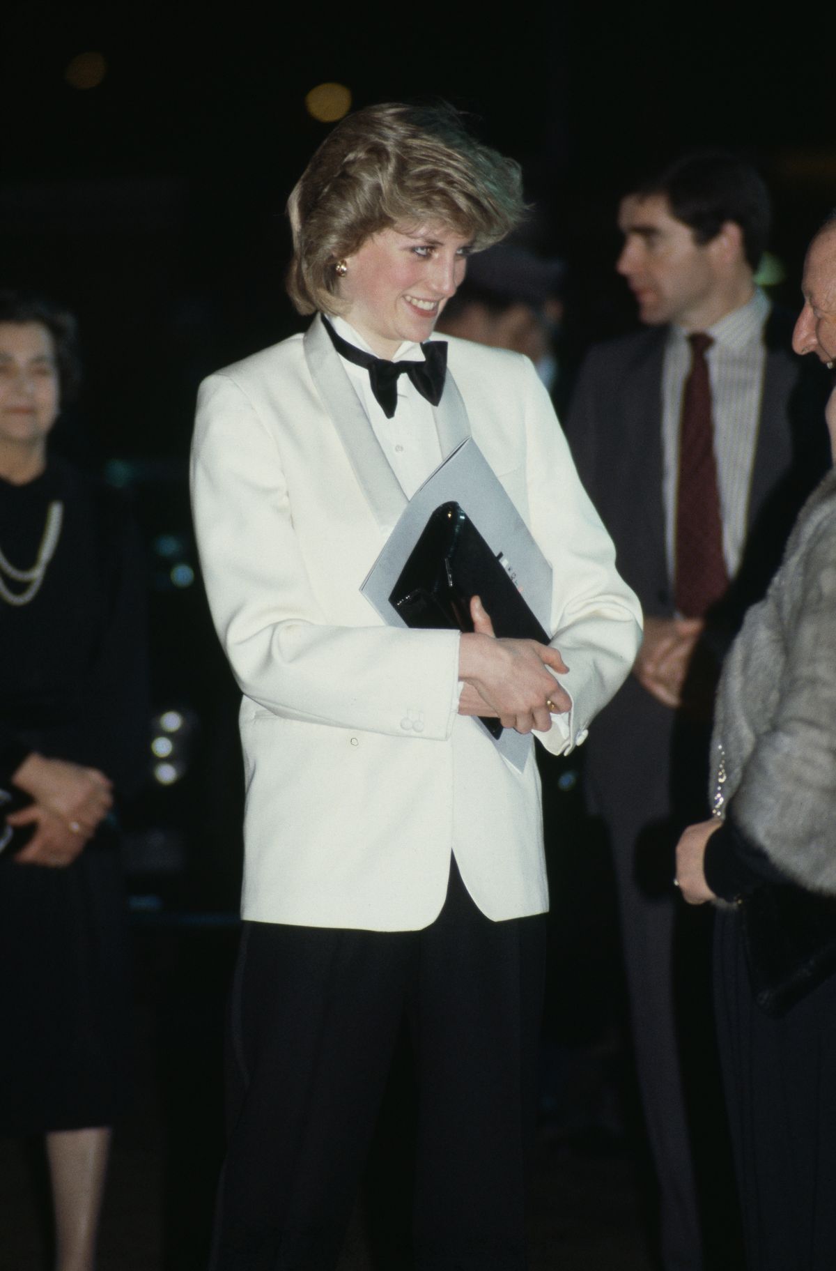 Diana, Princess of Wales  (1961 - 1997) wearing a Margaret Howell tuxedo as she leaves Birmingham airport in England, February 1984.   (Photo by Jayne Fincher/Princess Diana Archive/Getty Images)