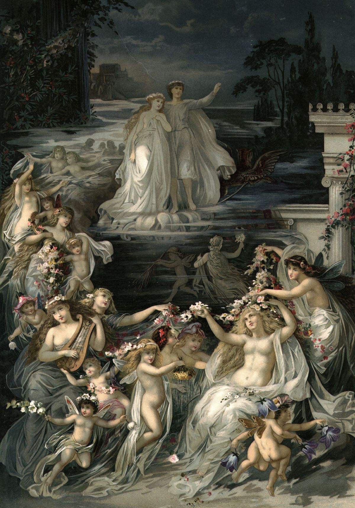circa 1900:  A German print illustrating a scene from Shakespeare's 'A Midsummer Night's Dream', showing dancing faries.  (Photo by Hulton Archive/Getty Images)
