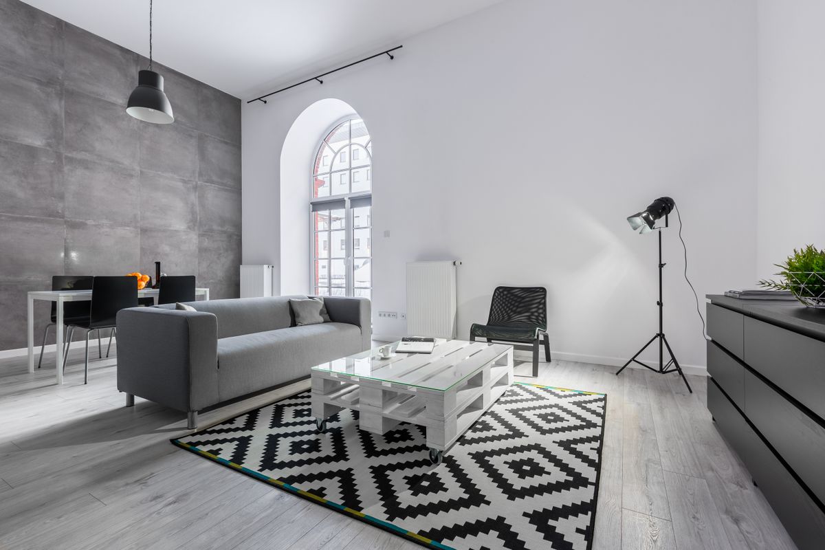 Gray and white loft apartment with sofa, pallet table, carpet and studio lamp