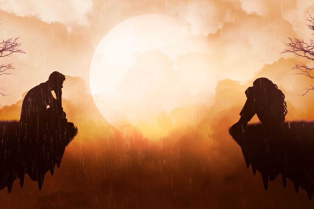 Sitting silhouettes of a man and a woman in the rain, the outlines of lonely people on small islands against the background of a warm sky with fluffy clouds and a bright large moon.
