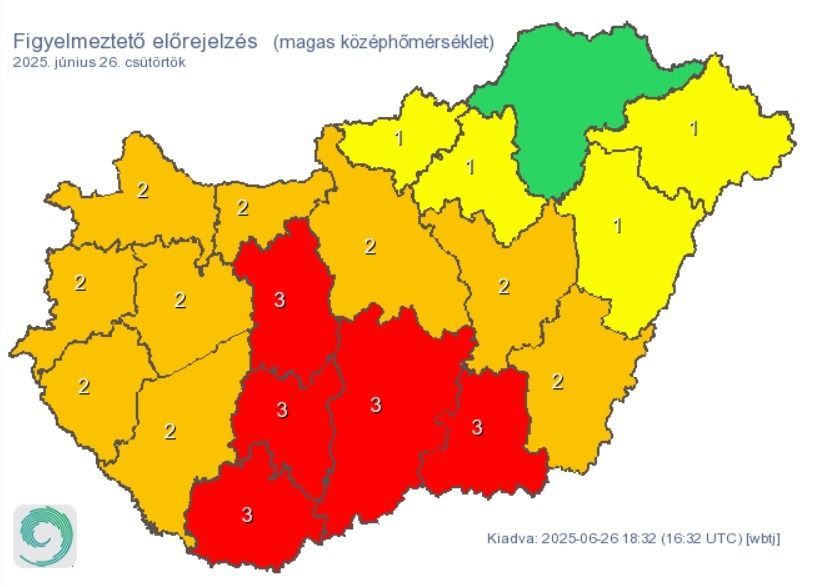 Ezekre a vármegyékre adták ki a csütörtöki időjárás miatt figyelmeztetést
