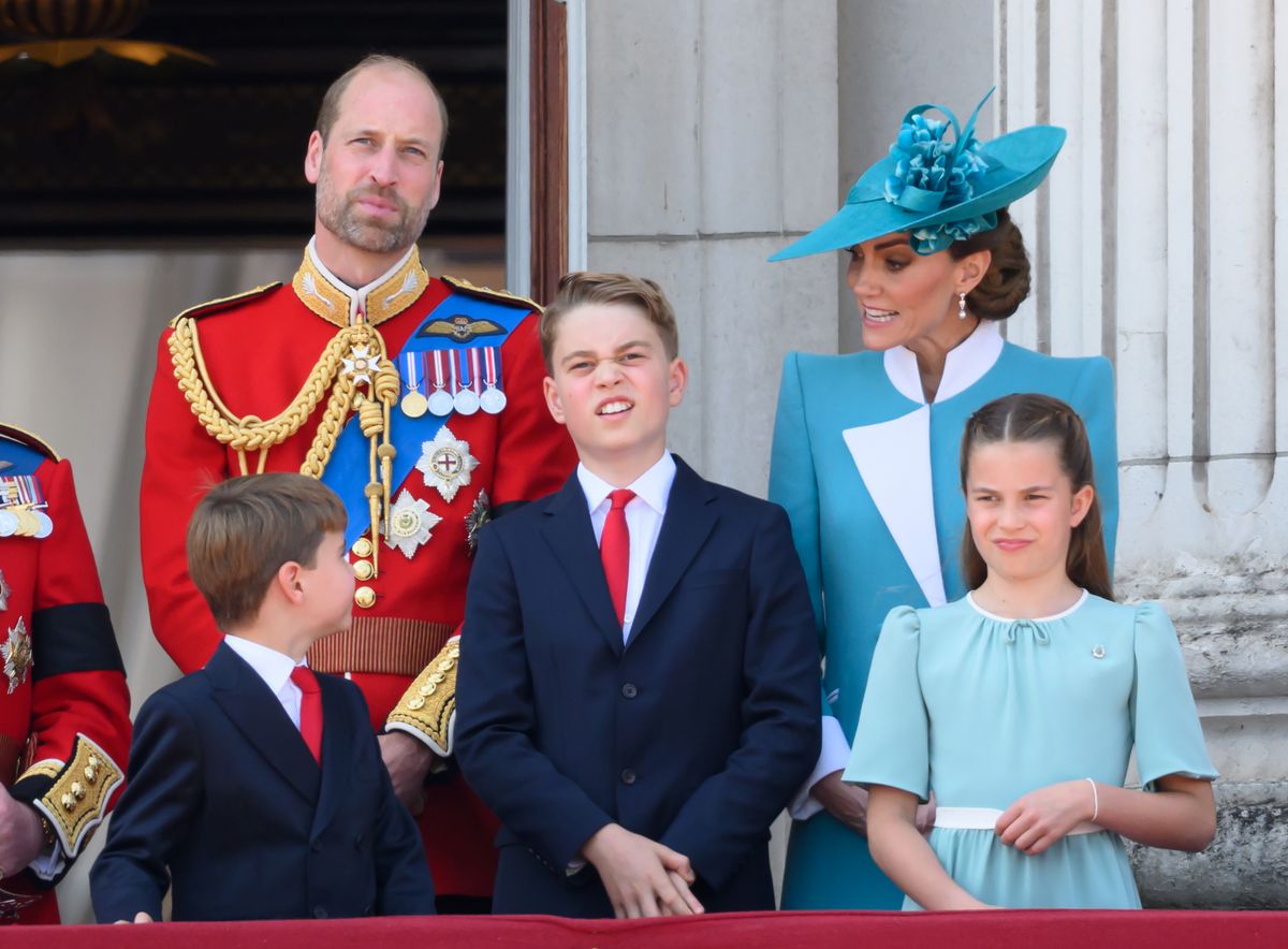 LONDON, ENGLAND - JUNE 14: Prince Louis of Wales, Prince William, Prince of Wales, Prince George of Wales, Catherine, Princess of Wales and Princess Charlotte of Wales on the balcony of Buckingham Palace during Trooping The Colour 2025 on June 14, 2025 in London, England. Trooping The Colour is a ceremonial parade celebrating the official birthday of the British Monarch. The event features over 1,400 soldiers and officers, accompanied by 200 horses. More than 400 musicians from ten different bands and Corps of Drums march and while performing. (Photo by Karwai Tang/WireImage)