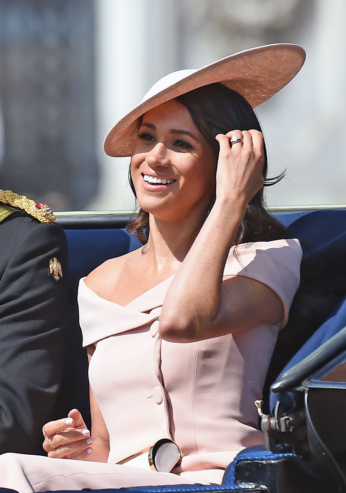 LONDON,  UNITED KINGDOM - JUNE 09:  Meghan, Duchess of Sussex travel sin an open carriage to the Trooping the Colour ceremony on June 09, 2018 in London, England. (Photo by Anwar Hussein/WireImage)