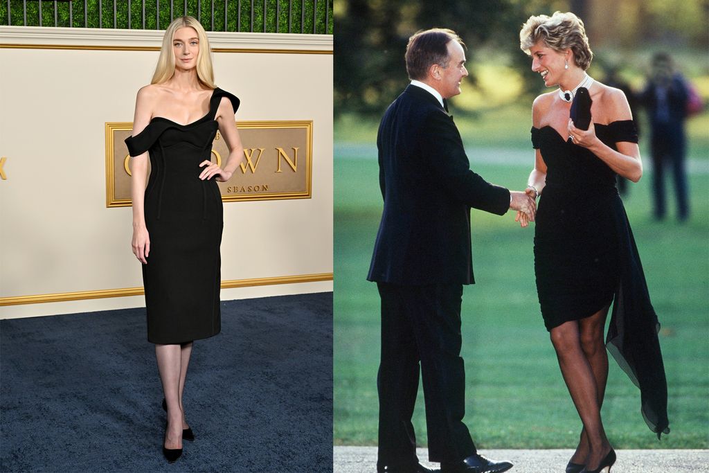 Elizabeth Debicki, aki A korona sorozatban játszotta Diana alakját.  2023-as premierre egy olyan ruhát választott, ami nagyon hasonlított Diana bosszú ruhájára.