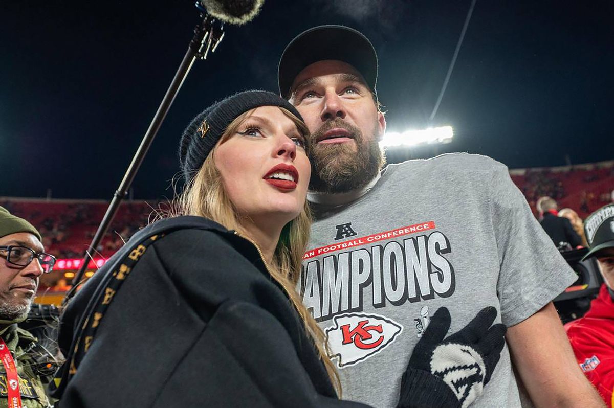 Taylor Swift and Kansas City Chiefs tight end Travis Kelce (87) walk off the field after the trophy ceremony following the Chiefs 32-29 victory over the Buffalo Bills in the AFC Championship Game on Sunday, Jan. 26, 2025, at GEHA Field at Arrowhead Stadium. (Emily Curiel/Kansas City Star/Tribune News Service via Getty Images)